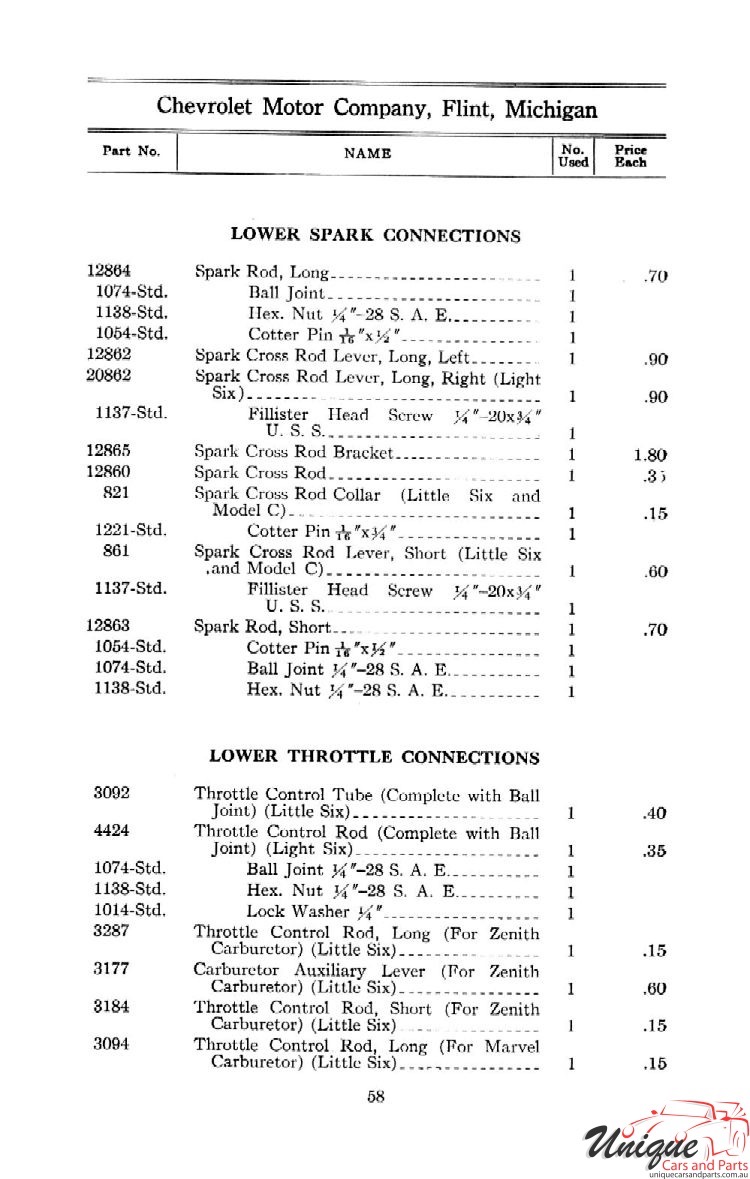 1912 Chevrolet Light and Little Six Parts Price List Page 49